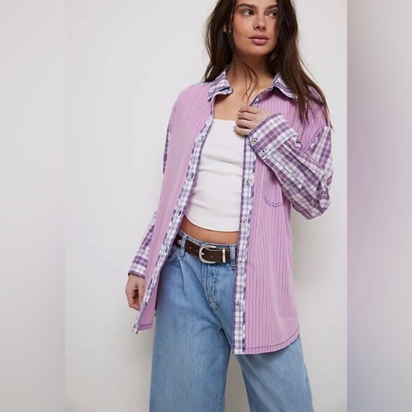 New! Free People We The Free Montauk Gingham Plaid Shirt pink purple 2435 - Picture 5 of 13